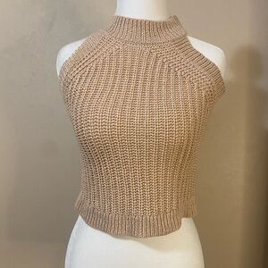 Wishlist Tank Top Sleeveless Sweater Knit Beige High Neck Crop Shirt Small